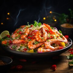 Wall Mural - Scrumptious seafood dinner of grilled shrimp with pineapple and red onion salsa