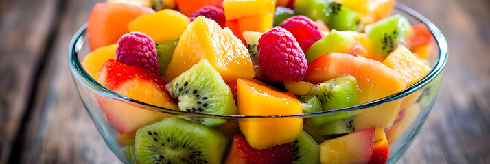 Colorful fruit salad in a glass bowl