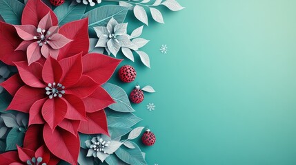 Christmas-themed pattern of red poinsettia flowers in a paper cut style, with a green background and copy space.