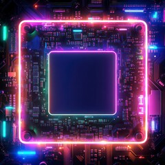 Canvas Print - electronic circuits viewed from above with a square glowing neon light border