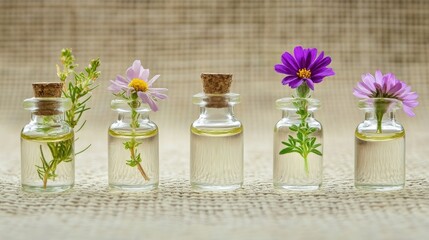 Small glass bottles of aromatherapy oils with flower sprigs, perfect for wellness and relaxation themes.