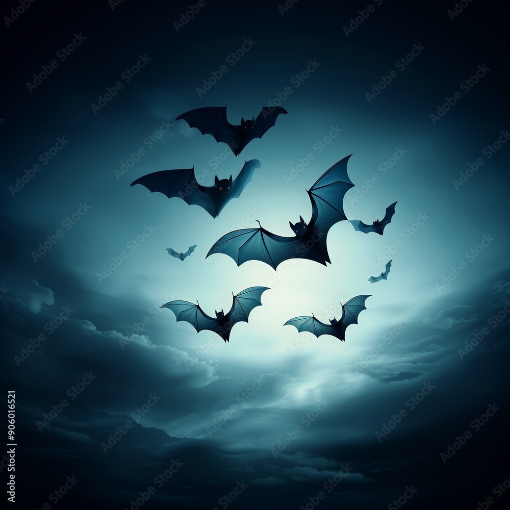 Silhouetted bats flying under the moonlit night sky with dark clouds ...