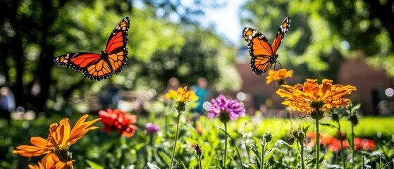 Urban park scene with butterflies flying over colorful blooming flowers, highlighting the importance of urban wildlife habitats.