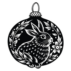 Wall Mural - Black and White Illustration of a Rabbit Inside a Christmas Ornament