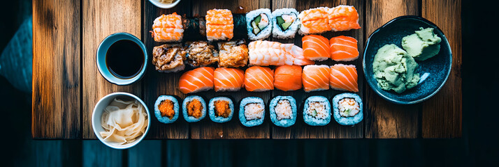 Plate of sushi accompanied by wasabi and soy sauce