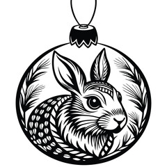 Wall Mural - Black and White Illustration of a Bunny Inside a Christmas Ornament