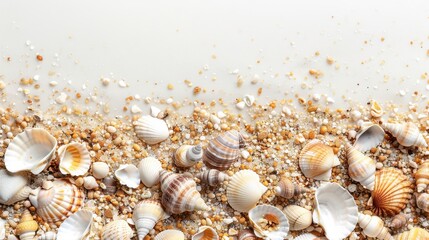 Top view seashells in the sand. Travel, vacation, sea concept