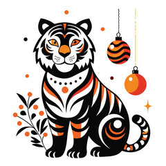 Wall Mural - A Stylized Tiger with Christmas Ornaments and a Plant