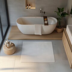 Wall Mural - top view of a modern bathroom with free standing tub and soft minimalism design image