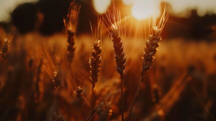 Wall Mural - golden wheat field landscape with a beautiful sunset