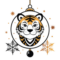 Wall Mural - Tiger Face Inside a Christmas Ornament with Golden Snowflakes