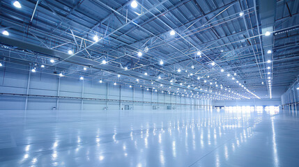  A large, empty warehouse with a lot of lights. The lights are on and the space is very bright