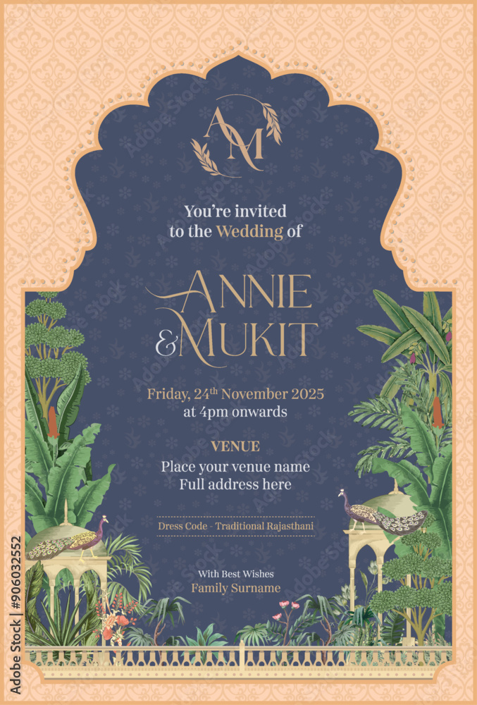 Mughal arch wedding invitation card design. Indian theme based wedding ...