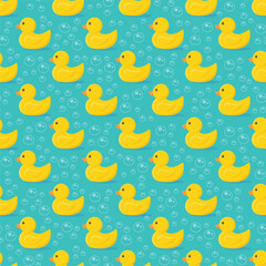 Wall Mural - seamless pattern of children, toy ducks and bubbles on a blue background