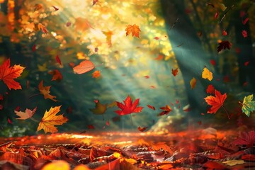 Sticker - Sunlit autumn scene with colorful leaves floating in the forest. Vibrant and serene atmosphere with rich hues of red, orange, and yellow.