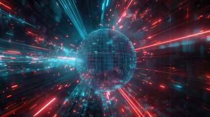 Poster - A glowing, digital sphere with a grid-like pattern floats in the middle of a dark, futuristic space filled with red and blue beams of light