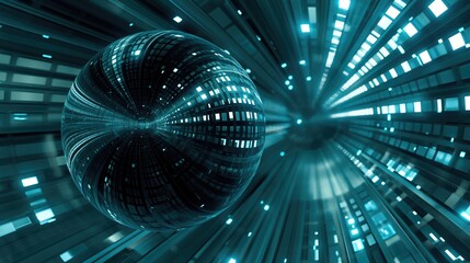 Poster - A mirrored sphere travels through a futuristic tunnel, reflecting the surrounding lights and creating a mesmerizing visual effect