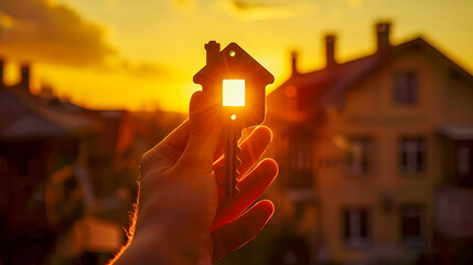 Wall Mural - Closeup silhouette of a person s hand holding a house shaped key against a warm golden sunset over a blurred quiet residential street with buildings in the background  Inviting and cozy atmosphere