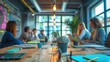 © SoGood - Business workshop with creative activities, rightaligned, pastel background, high resolution, more clarity with clear light and sharp focus , high detailed ,