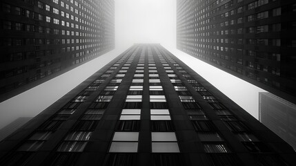 Bottom-up angle of a symmetrical black skyscraper.