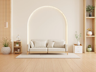 Wall Mural - Minimalist living room with a neutral-toned sofa and wooden accents- 3D rendering