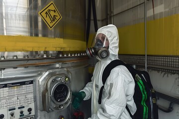 Hazmat suit worker at advanced facility, metal equipment, high angle view, stainless steel tanks, industrial control panel.