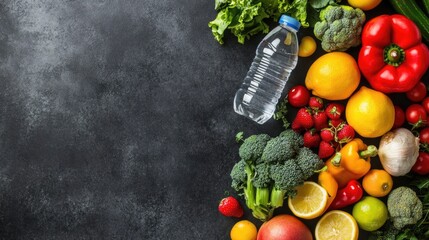 Concept of Diabetes , Vegetables, fruits , water bottle on background , birds-eye view , Control blood sugar, Generative AI