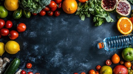 Concept of Diabetes , Vegetables, fruits , water bottle on background , birds-eye view , Control blood sugar, Generative AI