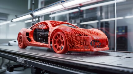 Poster - impact of 3D printing on car manufacturing, where customizable components and on-demand production streamline assembly processes