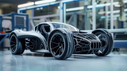 Poster - impact of 3D printing on car manufacturing, where customizable components and on-demand production streamline assembly processes