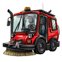 A colorful cartoon street sweeper vehicle vector illustration with a transparent background, showcasing urban cleaning.