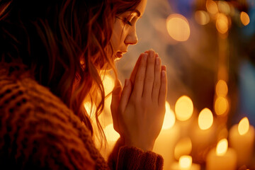 Young woman is praying to God in church. Conception of faith