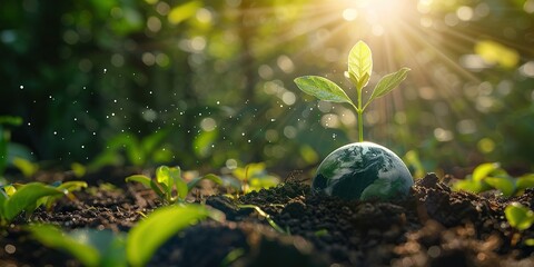 Wall Mural - A small green plant sprouts from the center of an earth-shaped sphere