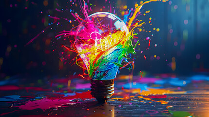 Poster - A 3D render depicting a light bulb with swirling vibrant ribbons and splashes of colorful paint bursting out set against a minimalist dark background