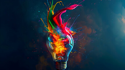 Poster - 3D render of a light bulb with swirling colorful ribbons and splashes of paint bursting out set against a minimalist dark background  The brilliant hues high contrast and sleek