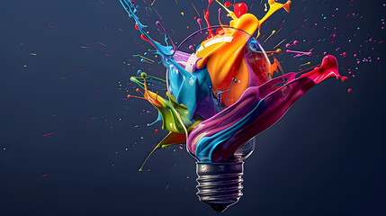 Poster - Bursting Chromatic Illumination   A 3D render of a light bulb with swirling colorful ribbons and splashes of paint bursting out set against a minimalist dark background  Brilliant hues high contrast