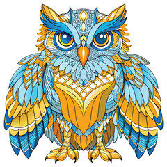 Wall Mural - Intricately Patterned Owl with Blue and Yellow Feathers