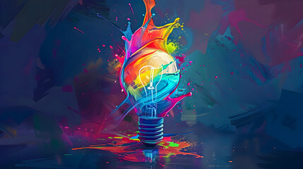 Poster - Whimsical and imaginative digital depicting a light bulb suspended in mid air with colorful paint and liquid splashing out of it against a dark backdrop  The artwork features vibrant colors