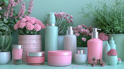 Pink and Green Beauty Product Display with Floral Accents