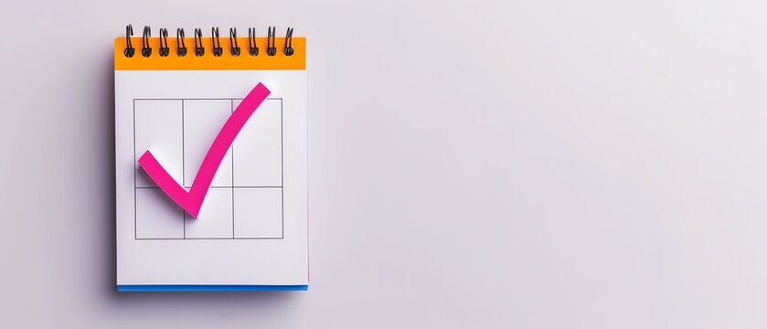 close-up of a calendar with a pink checkmark, symbolizing completed task or goal. minimalist design 