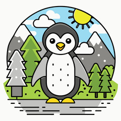 Wall Mural - A Cartoon Penguin Standing In a Snowy Mountain Landscape