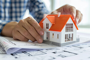 Architect holding a mini house model on a blueprint. Protect house, cost planning, design, and construction concept