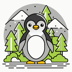 Wall Mural - Cartoon Penguin in Snowy Mountain Landscape