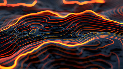 Poster - An abstract digital rendering of a futuristic topographic landscape with glowing vibrant orange lines tracing the intricate contours of the terrain  The high contrast design neon colors