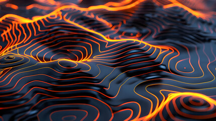 Poster - Futuristic topographic map with glowing orange lines tracing the intricate contours of a dynamic landscape set against a contrasting dark background