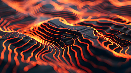 Poster - Illuminated Topographic Landscape in Futuristic Digital Environment with Vibrant Glowing Lines An abstract and dynamic digital featuring a complex terrain with intricate