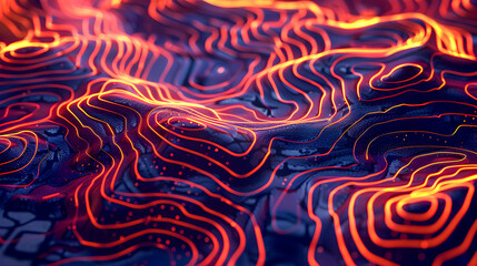 Poster - Topographic Map Showcasing the Depth and Complexity of a Futuristic Landscape with Glowing Orange and Red Lines Tracing the Terrain Against a Dark Background
