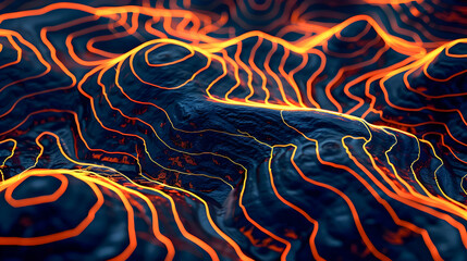 Poster - Luminous Topographic Pathways A Visually Stunning and Modern Digital Artwork Featuring Glowing Contours Intricate Details and a Warm Color Palette Against a Dark Background