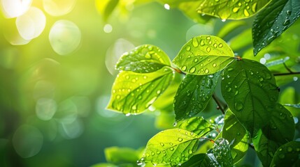 A nature background with a close-up of vibrant green leaves, dewdrops glistening in the sunlight, capturing the freshness and vitality of the natural world, ideal for eco-friendly themes or botanical