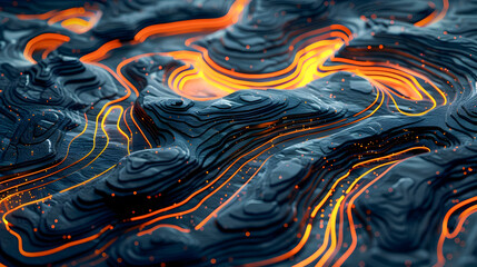 Poster - A captivating and visually striking abstract topographic landscape featuring glowing luminous contours and pathways that emanate from within the intricate layers